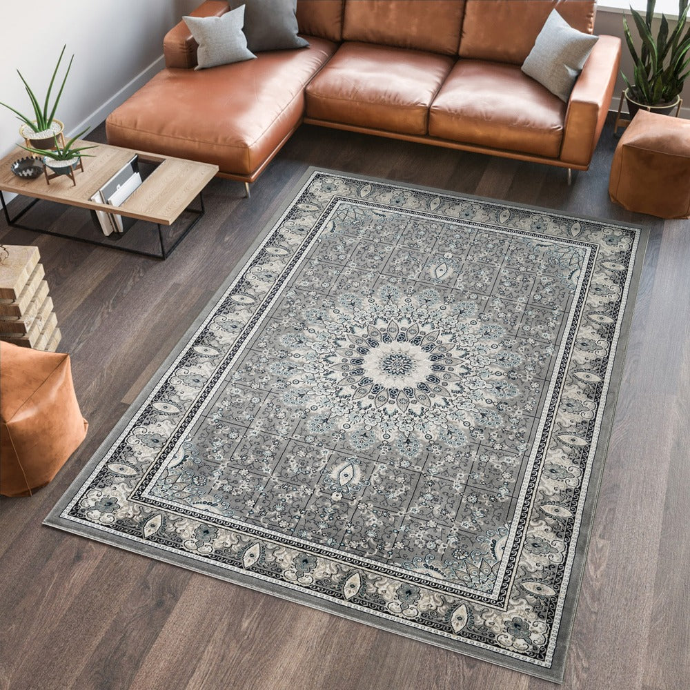 Hereke Sunburst Medallion Rug — Grey — in room