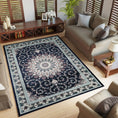 Load image into Gallery viewer, Hereke Sunburst Medallion Rug — Navy — in room
