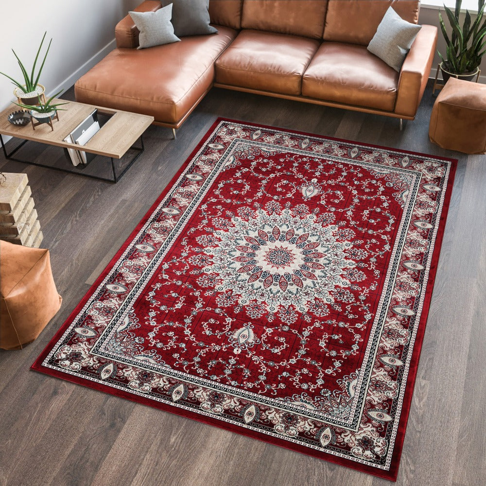 Hereke Sunburst Medallion Rug — Red — in room
