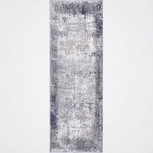 Abstract Border Echo in Blue & Grey : Runner Rug