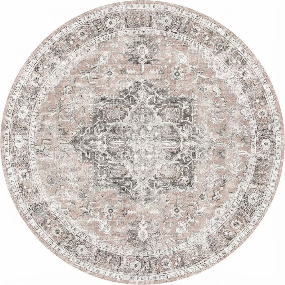 Distressed Vintage Cezanne Area in Multicolor : Round Rug