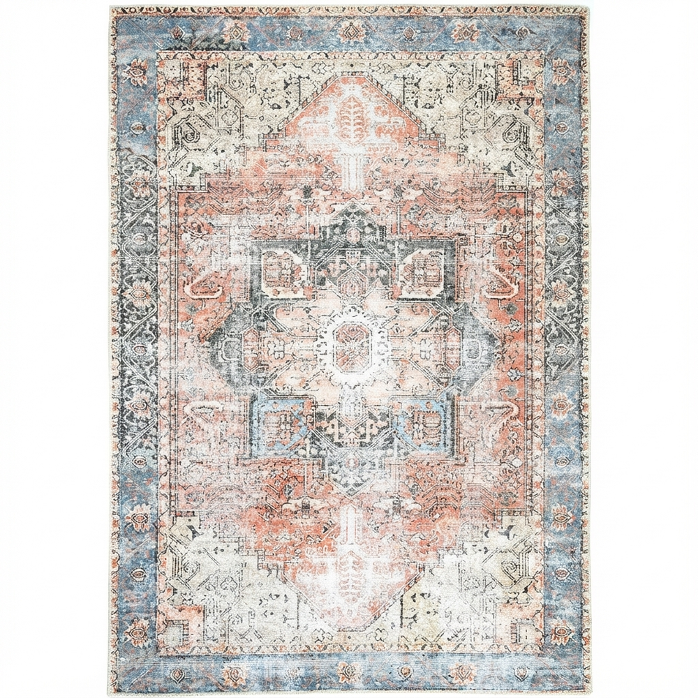 Distressed Vintage Cezanne Terracotta Sky Area in Multicolor Rug