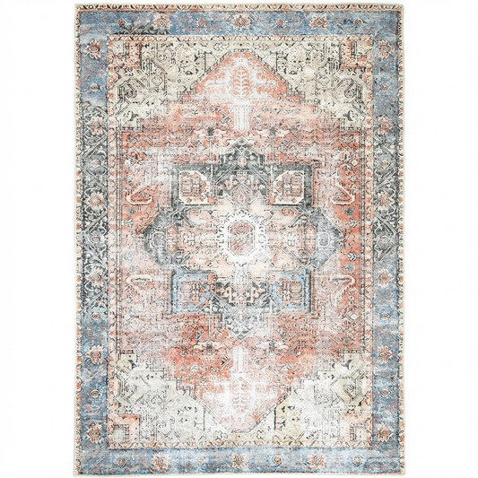 Distressed Vintage Cezanne Terracotta Sky Area in Multicolor Rug