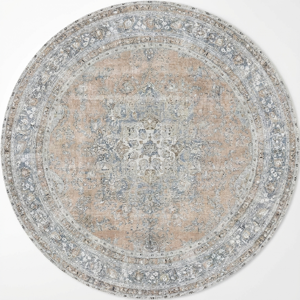 Distressed Vintage Oxus Desert in Grey : Round Rug