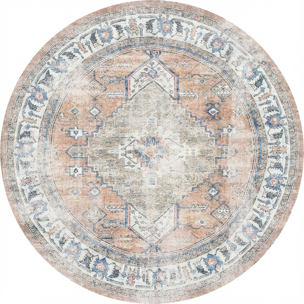 Distressed Vintage Pissarro Terracotta in Grey & Beige : Round Rug