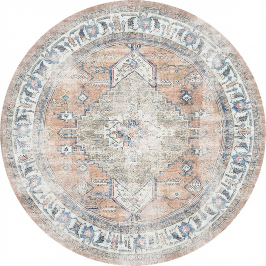 Distressed Vintage Pissarro Terracotta in Grey & Beige : Round Rug