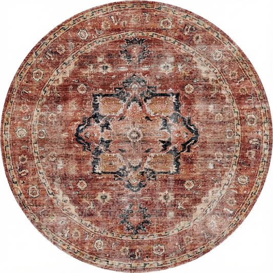 Distressed Vintage Terracotta Area in Multicolor : Round Rug