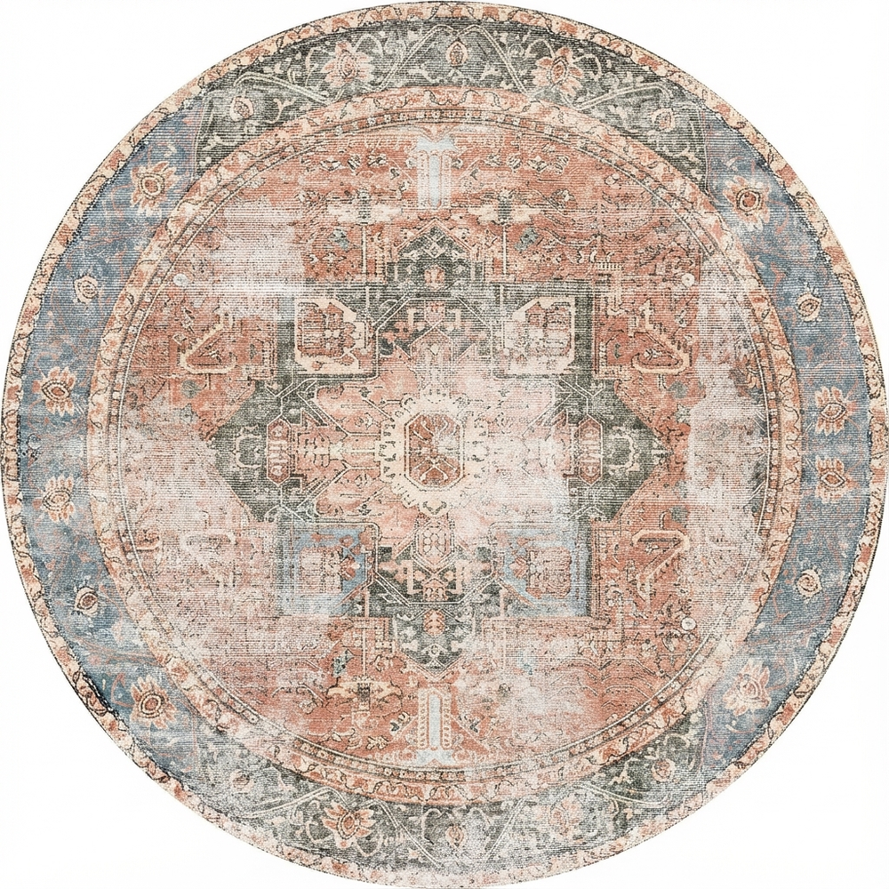 Distressed Vintage Terracotta Area in Multicolor : Round Rug