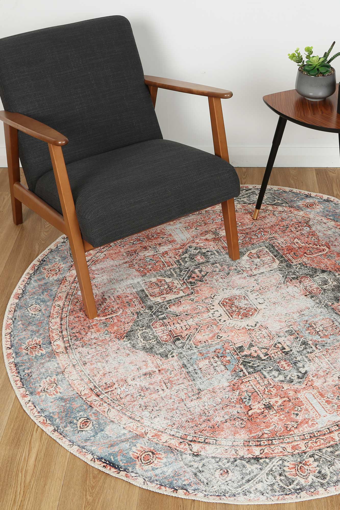 Distressed Vintage Cezanne Terracotta Sky Area Round Rug in Living Room