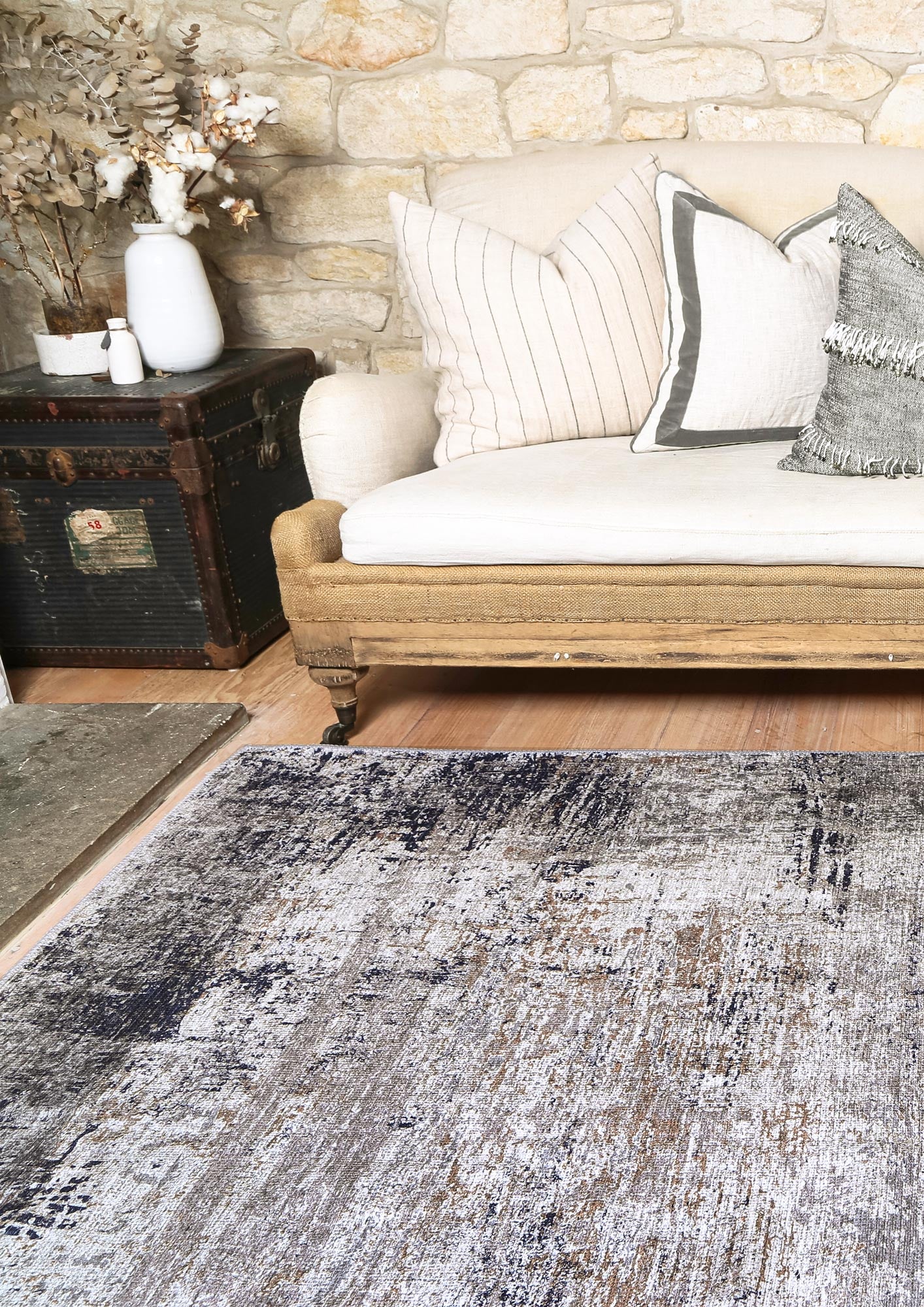 Abstract Border Echo Blue Grey Rug, On Side