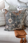 Load image into Gallery viewer, Distressed Vintage Cezanne Rabbit Gray Inca Gold Pillow on side
